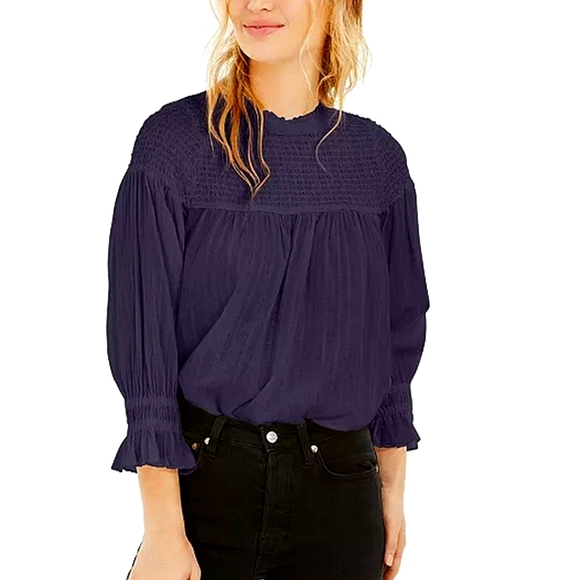 Free People Tops - Free People BOHO Obi Mila smocked  navy tunic blouse top long sleeves Small 4 6